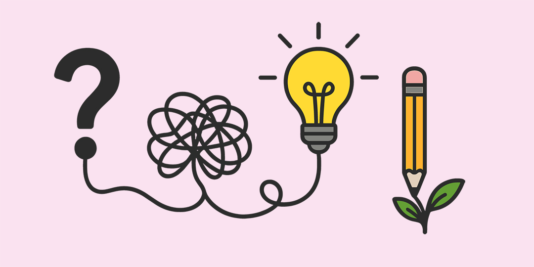 Ett frågetecken, en tänd glödlampa och en penna.