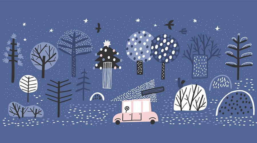 vinterlandskap med träd och en bil med julgran på taket