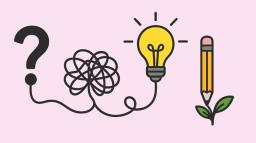 Ett frågetecken, en tänd glödlampa och en penna.