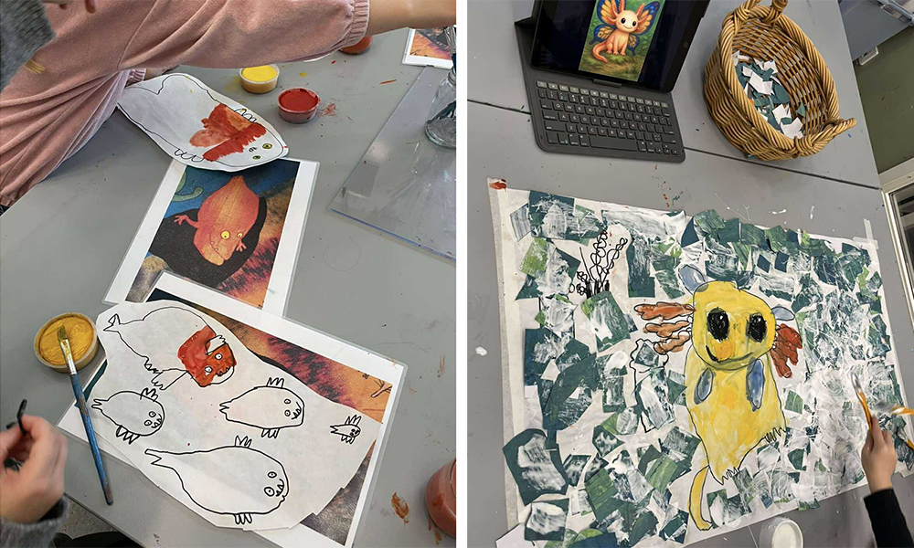 Barn som skapar i ateljen med foton och färg.