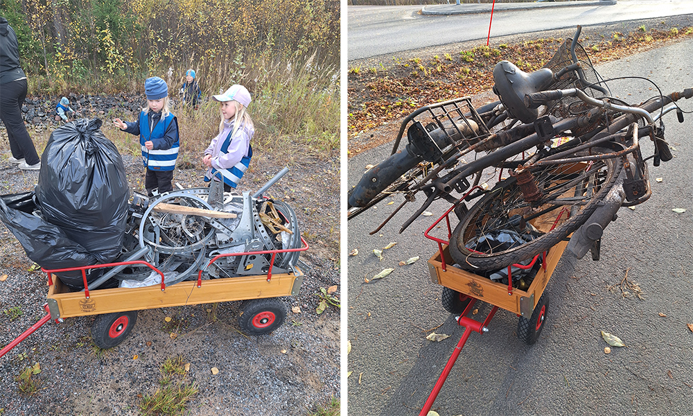 Barnen plockar upp skrot och samlar i en kärra.