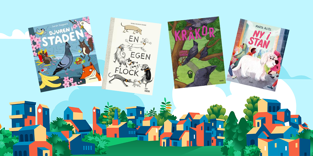 Bild på en illustrerad stad med hus och fyra bilder av böckerna som beskrivs i artikeln ligger uppe i himlen.