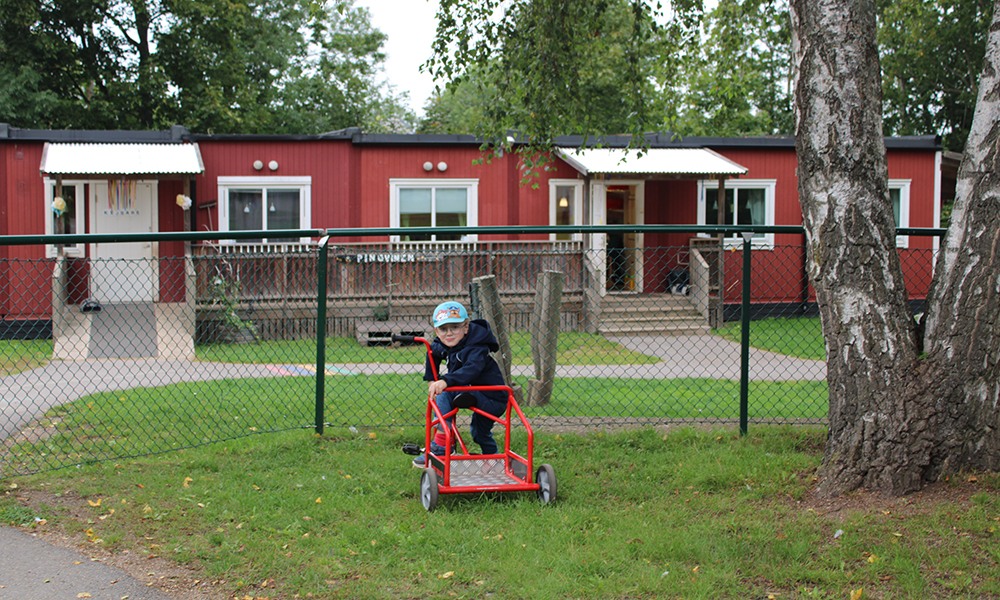 Förskolebarnen gillar att cykla på förskolegården.