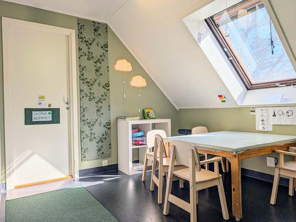Bild som visar ett rum med gröna tapeter där barnen brukar spela spel.