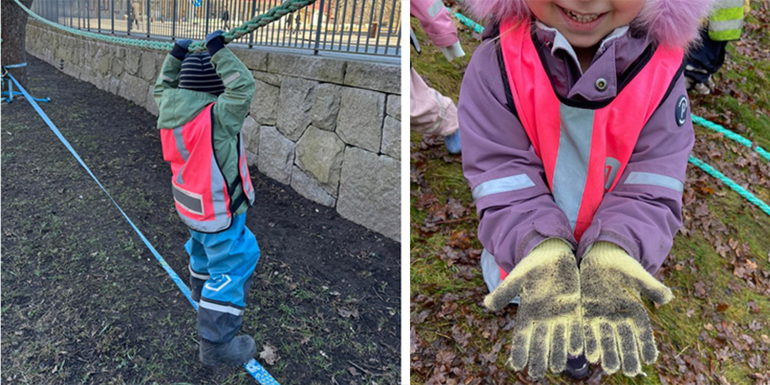 Ett Förskolebarn klättrar fram längst två rep genom att att balansera och hålla i sig med händerna. Ett annat barn visar fram smutsiga fingervantar.