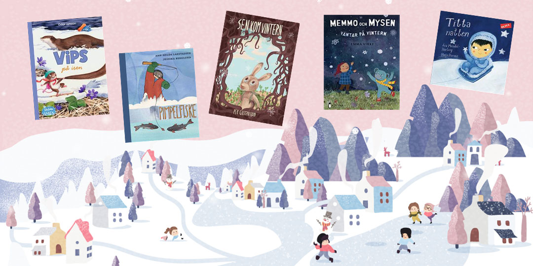 Collage med bokomslag mot en bakgrund av ett illustrerat vinterlandskap