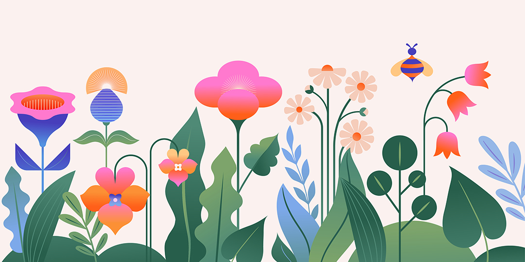 Illustration med blommor och bin.
