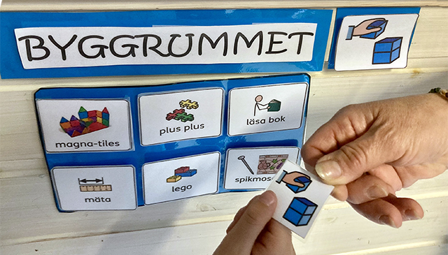 Bildkort som hjälper barnet att se vilket rum en aktivitet ska äga rum i.