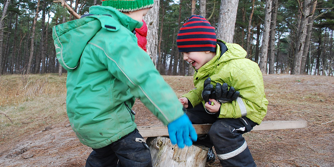 Två barn gungar på en gungbräda i skogen.