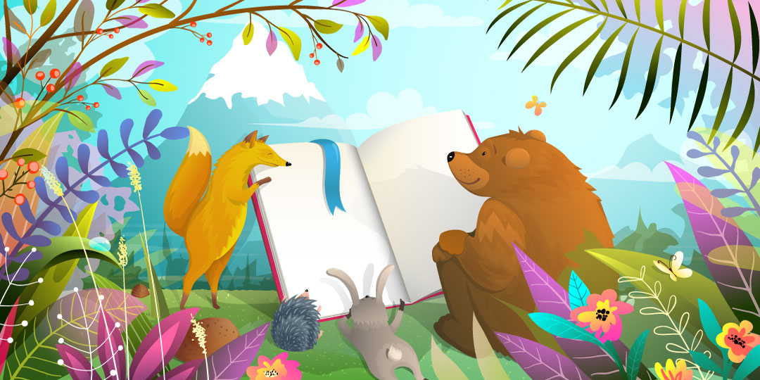 Illustration av djur i som läser en bok i naturen.