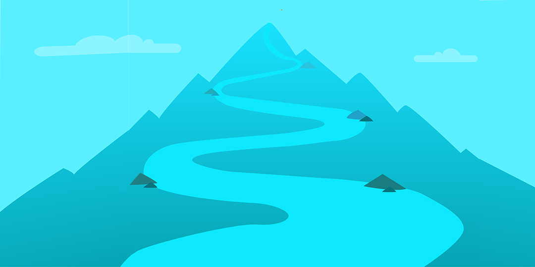 Illustration av bergstopp med ringlande väg till toppen.