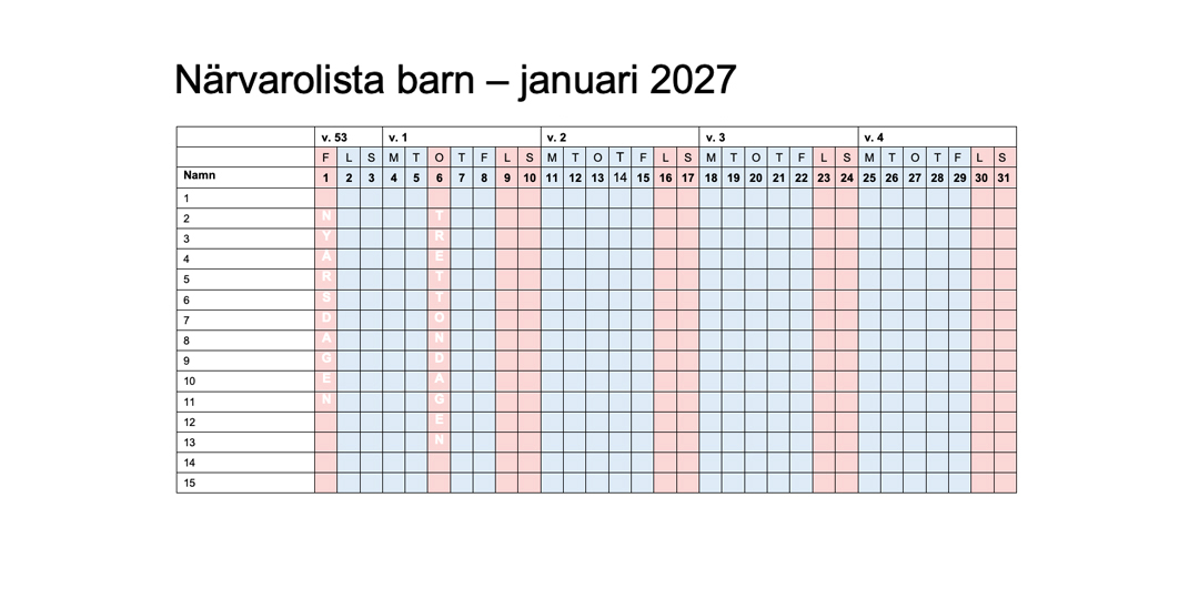 En närvarolista för januari 2027.