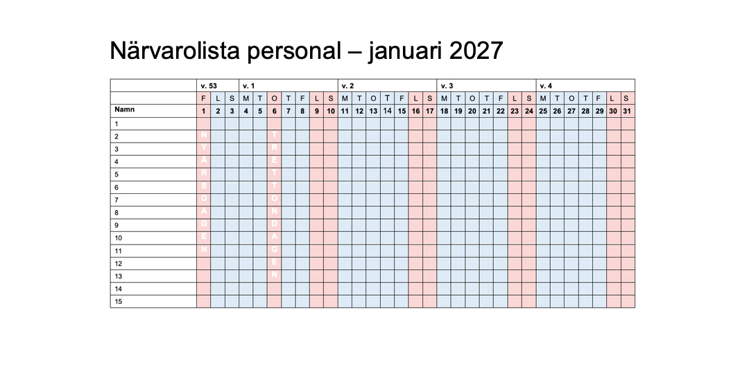 En närvarolista för januari 2027.