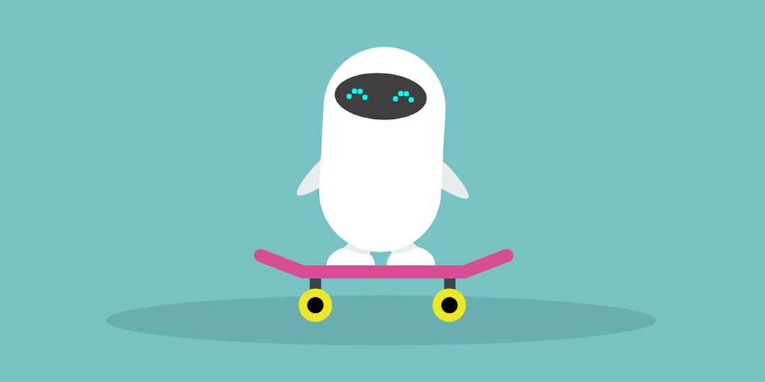 En robot står på en skateboard.