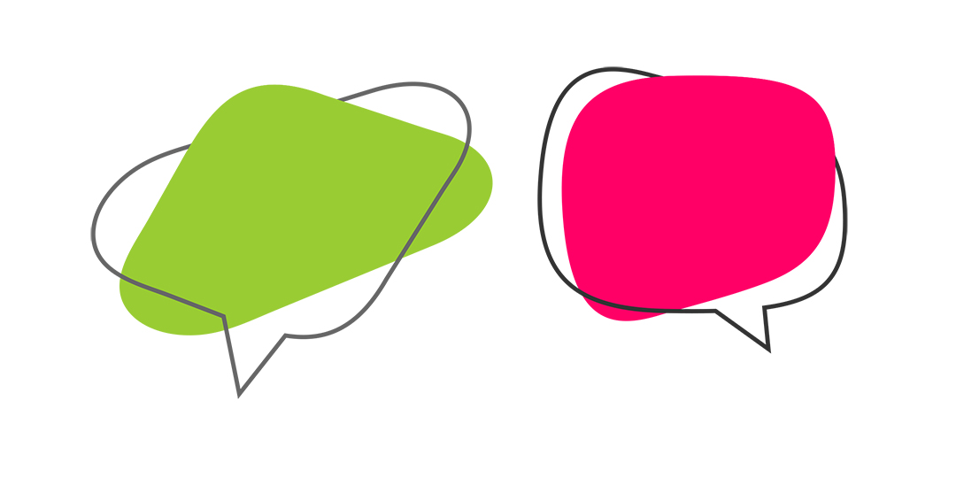 Tå färgglada pratbubblor som illustrerar kommunikation.