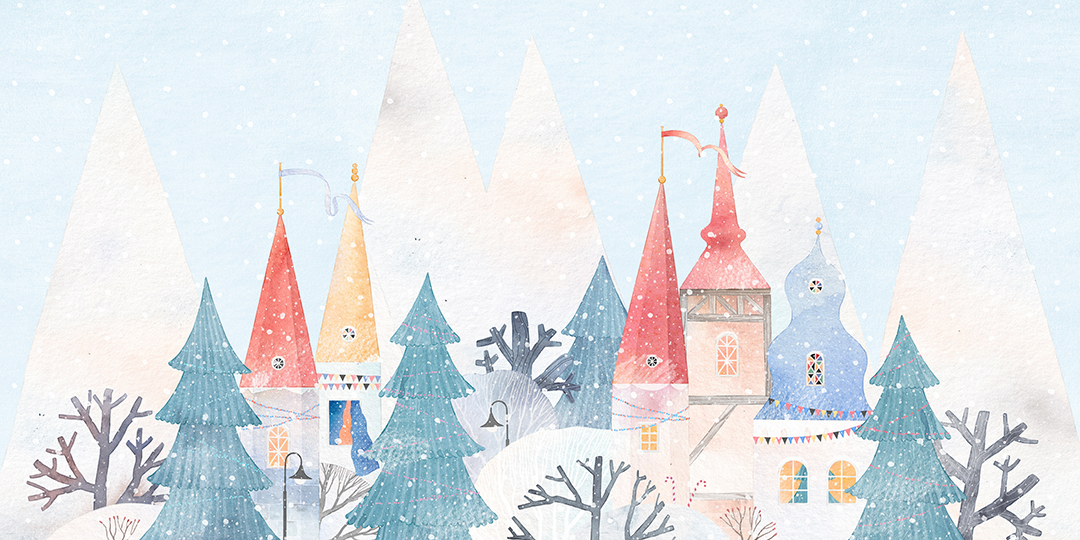 En sagostad med tinnar och torn på vinter.