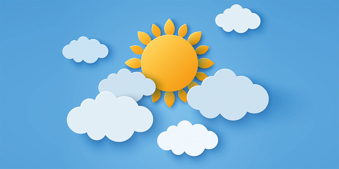 illustration sol, blå himmel och vita moln