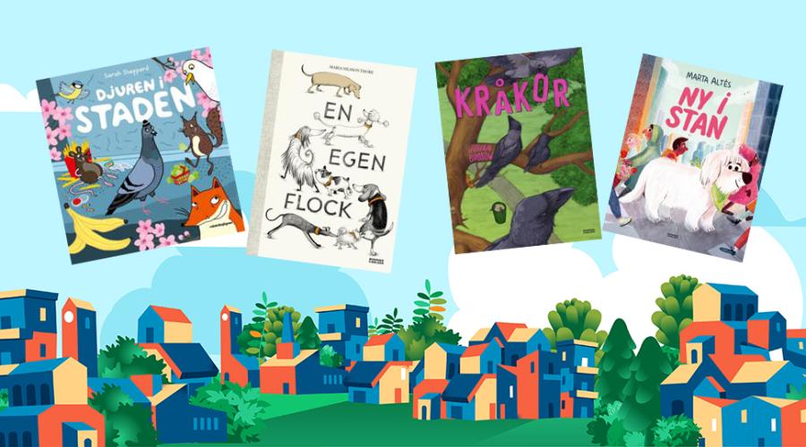 Bild på en illustrerad stad med hus och fyra bilder av böckerna som beskrivs i artikeln ligger uppe i himlen.