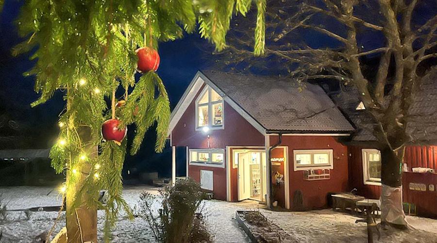 En vinterbild på förskolans röda hus.