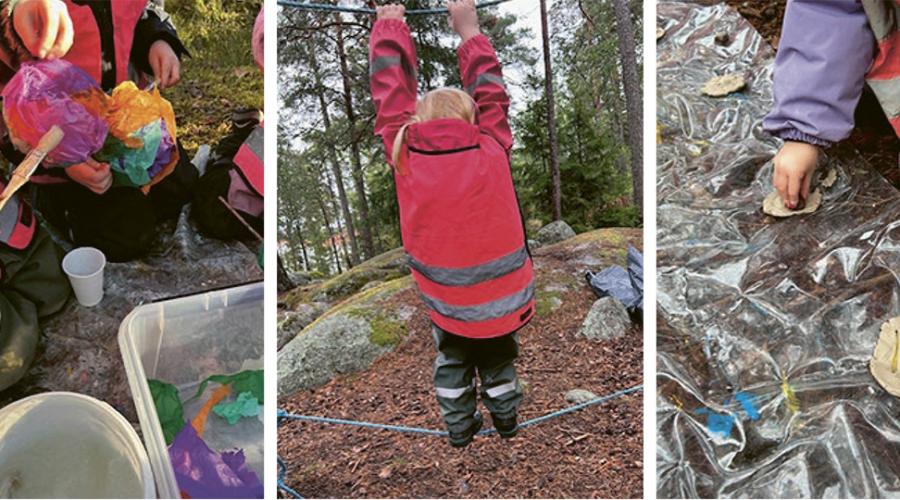Barn klättrar i rep och skapar med penslar och lera utomhus.