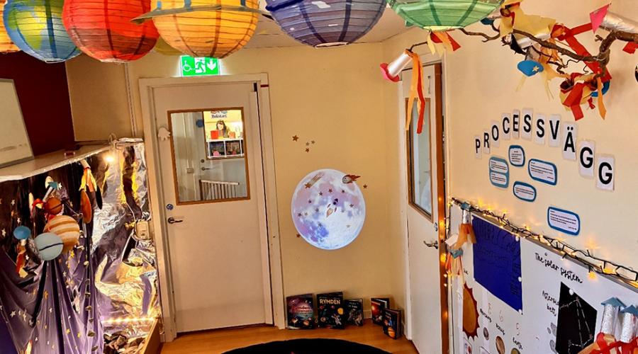 Rymdtema på Åmmebergs förskola där rislamporna i taket har blivit planeter. Till höger processväggen med barnens reflektioner.