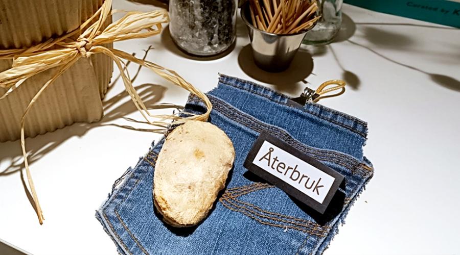 En avsprättad jeansficka, returpapp och en liten skylt med texten Återbruk.