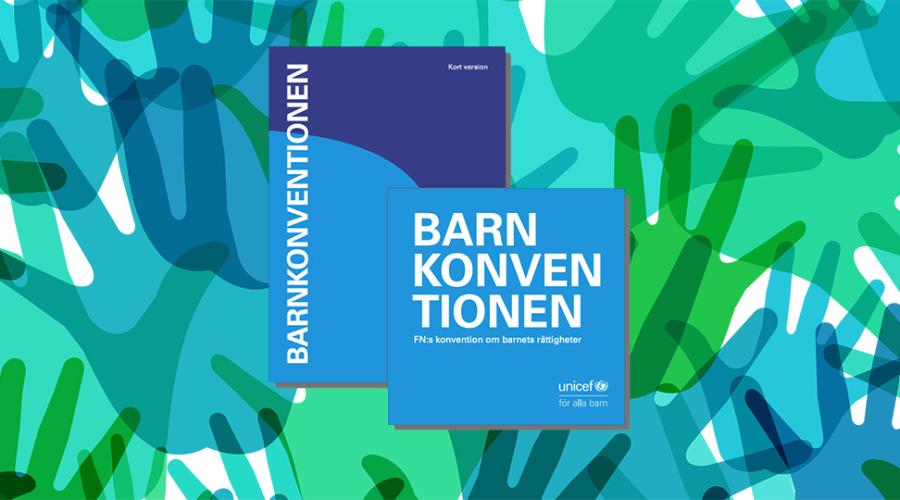 Barnkonventionens omslag mot bakgrund av en illustration av barnhänder.