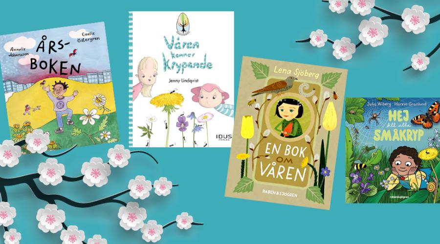 Ett kollage av blommor och fyra barnböcker om våren.