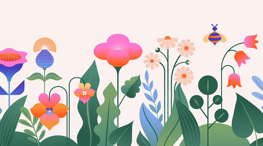 Illustration med blommor och bin.