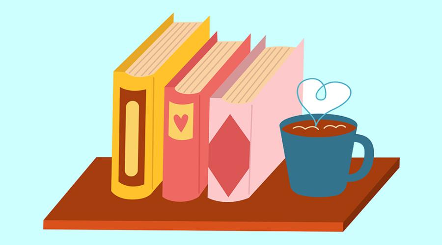 Ett litet bord med en kaffekopp och tre böcker.