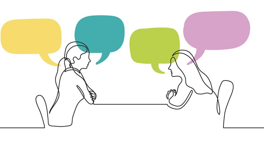 illustration av två kvinnor som samtalar vid ett bord