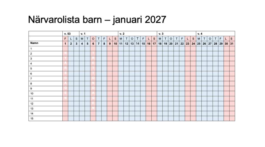 En närvarolista för januari 2027.
