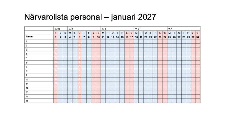 En närvarolista för januari 2027.