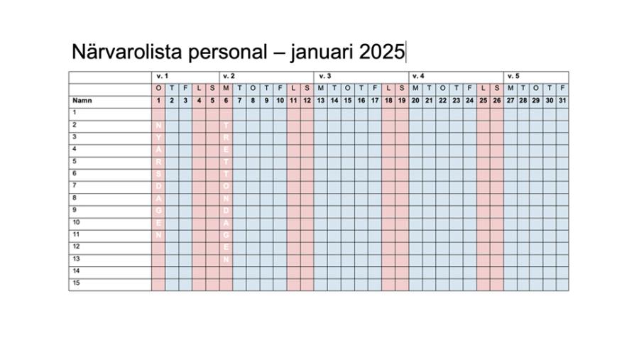 Ett schema för personalens närvaro januari 2025