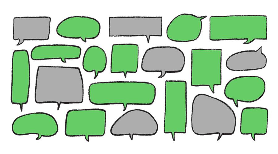 Pratbubblor med olika form och färg.