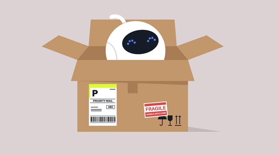 En robot dyker upp ur nyss anlänt postpaket.