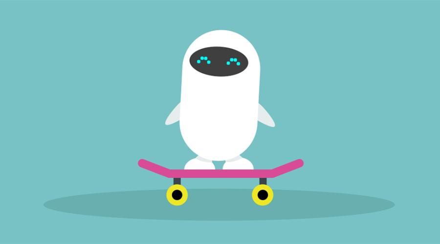 En robot står på en skateboard.