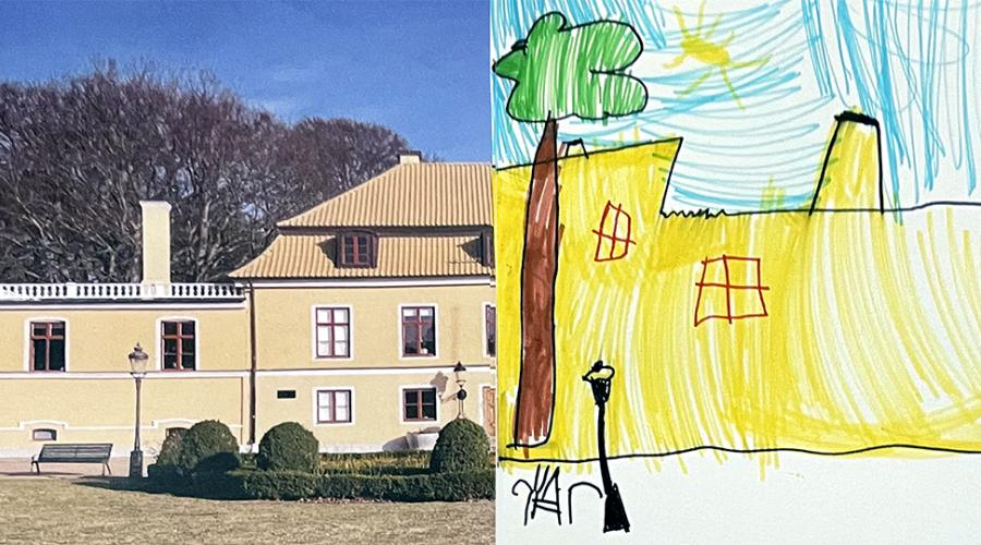Foto och barnteckning av samma byggnad.