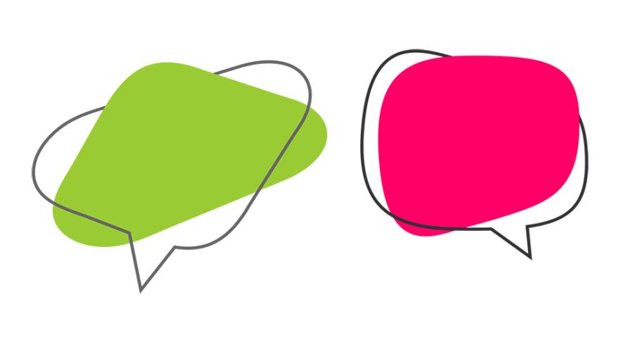 Tå färgglada pratbubblor som illustrerar kommunikation.