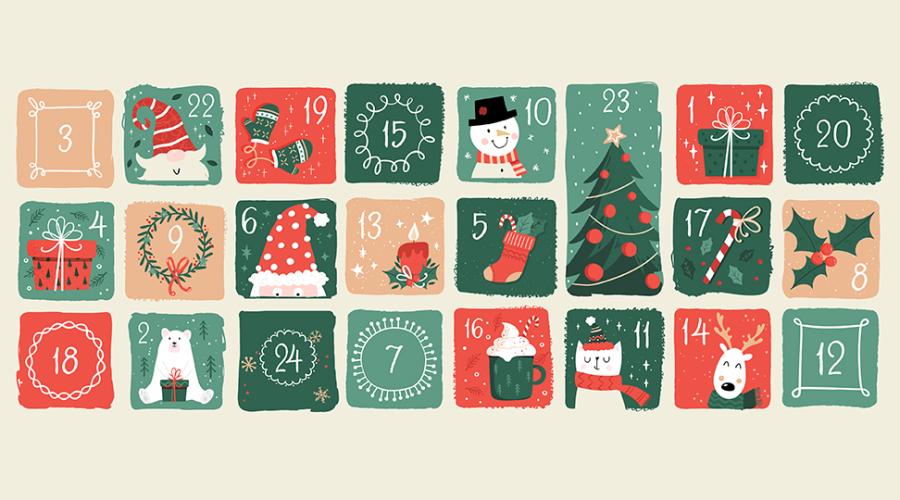 Adventskalender med numrerade luckor.