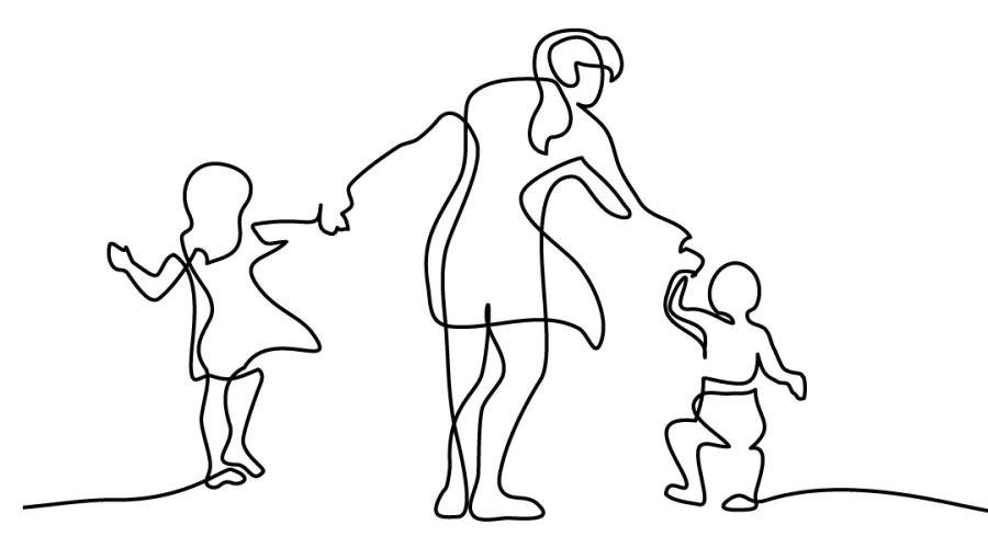 Linjeteckning av moder med två barn som vill åt olika håll.