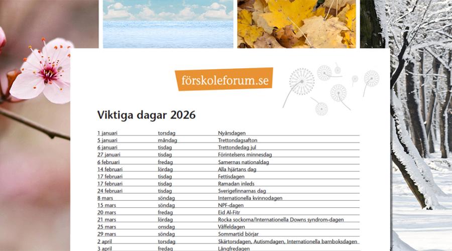 En lista med helg- och temadagar mot bakgrund av foton med årstidsmotiv.