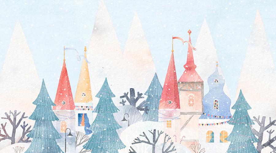 En sagostad med tinnar och torn på vinter.