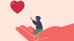 Kvinna som sitter i en hand och sträcker sig mot ett hjärta.