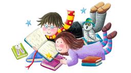 Illustration av två barn som läser böcker tillsammans.