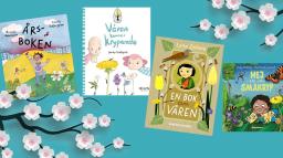 Ett kollage av blommor och fyra barnböcker om våren.