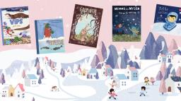 Collage med bokomslag mot en bakgrund av ett illustrerat vinterlandskap