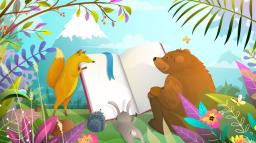 Illustration av djur i som läser en bok i naturen.