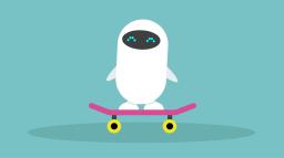 En robot står på en skateboard.