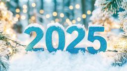 Årtalet 2025 mot bakgrund av granar och snö.